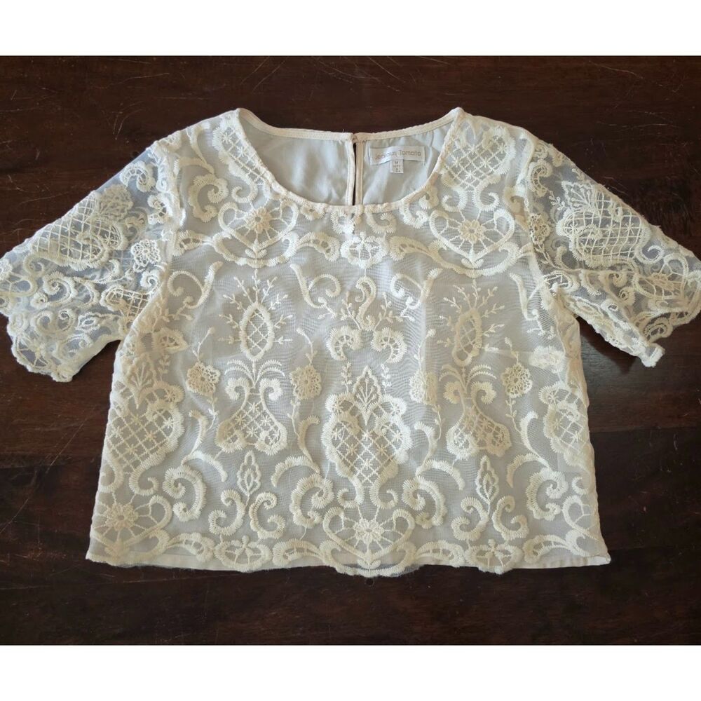boho sheer crop top cream lace top M